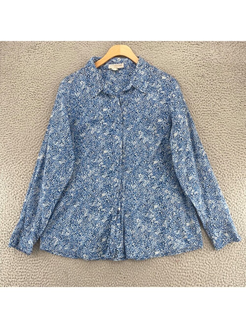 Coldwater Creek Shirt Womens Large Blue Spotted Button Up No Iron Cotton Stretch